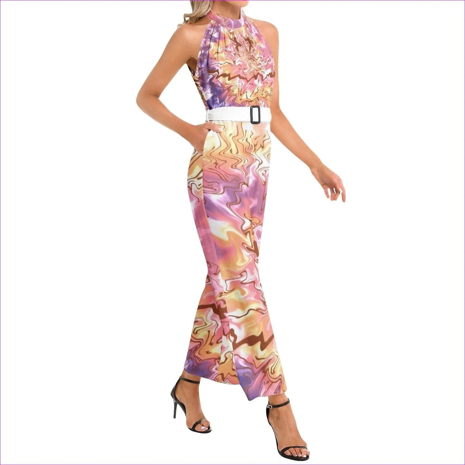 Tie-Dye Halter Neck Buckle Belted Jumpsuit