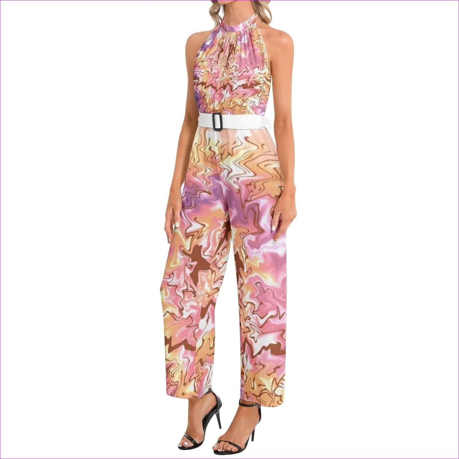 Tie-Dye Halter Neck Buckle Belted Jumpsuit