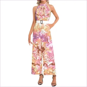 Tie-Dye Halter Neck Buckle Belted Jumpsuit