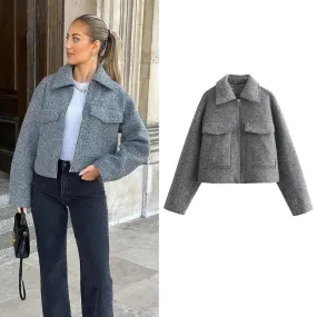 TRAF Tweed Zip Crop Jacket: Stylish Outerwear for Modern Women