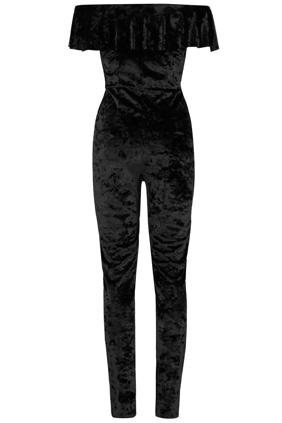 Veronica Black Crushed Velvet Bardot Frill Jumpsuit