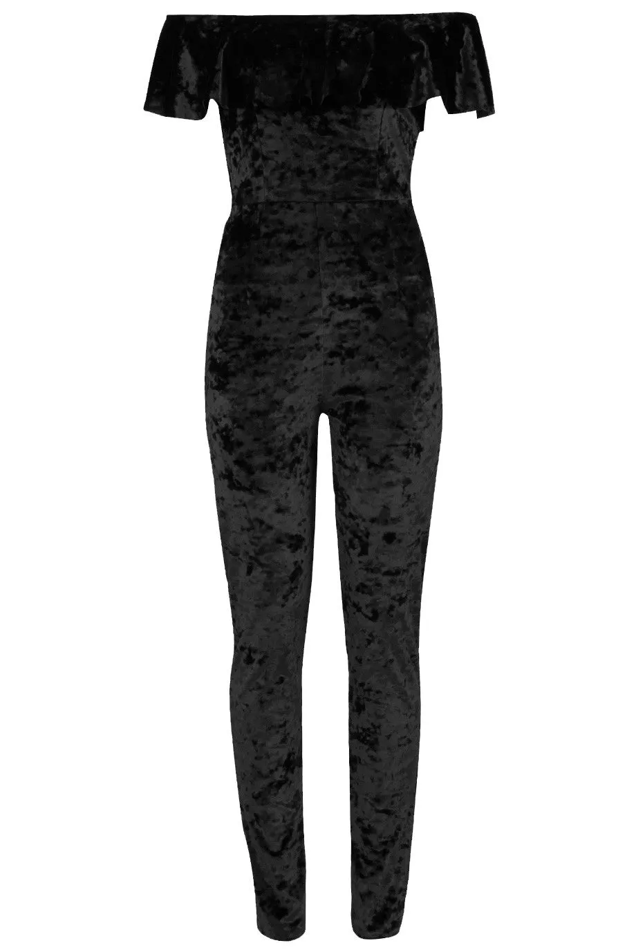 Veronica Black Crushed Velvet Bardot Frill Jumpsuit