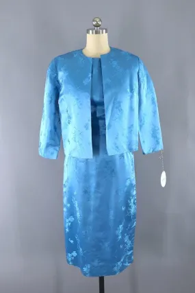 Vintage Blue Satin Dress and Jacket Set