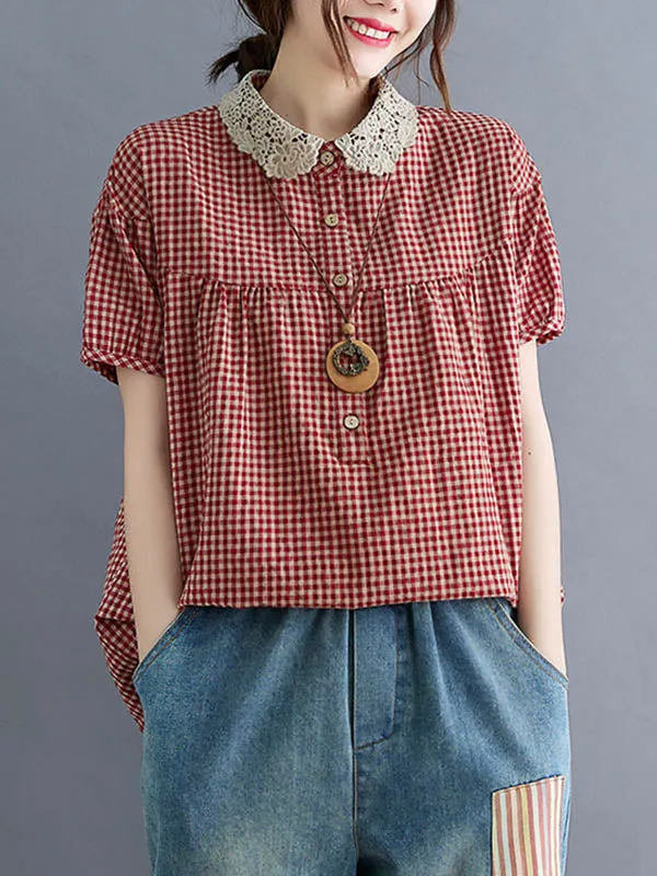 Wenkouban-Black Friday Christmas Thanksgiving Cotton Blend Plaid Polo Puff Sleeve T-Shirts Tops