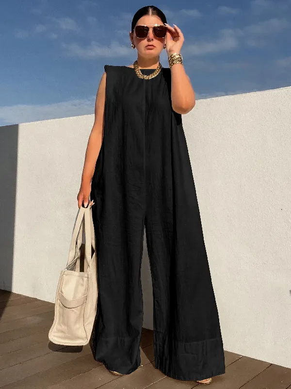 Wenkouban-Black Friday Christmas Thanksgiving Sleeveless Wide Leg Shoulder Pad Solid Color Jumpsuits