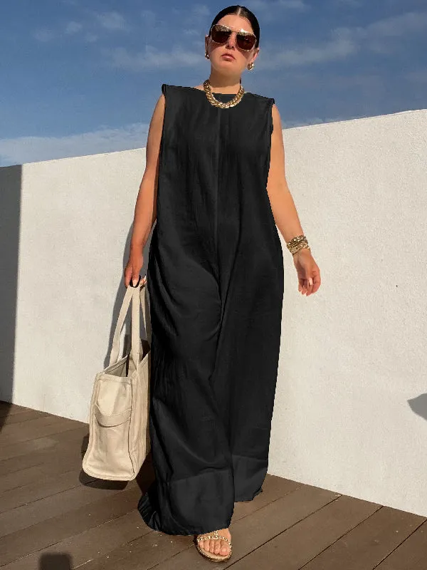 Wenkouban-Black Friday Christmas Thanksgiving Sleeveless Wide Leg Shoulder Pad Solid Color Jumpsuits