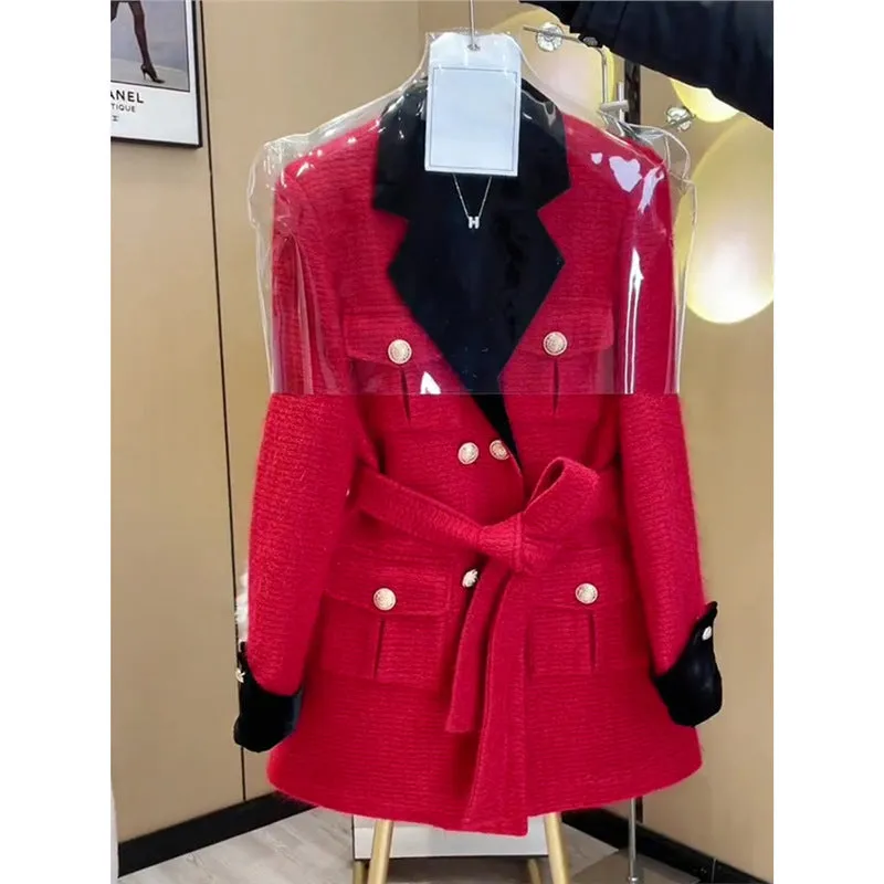 Wenkouban womens christmas outfit Christmas party outfits High-End Super Nice Red Woolen Coat New Year Woolen Coat 2025 Winter