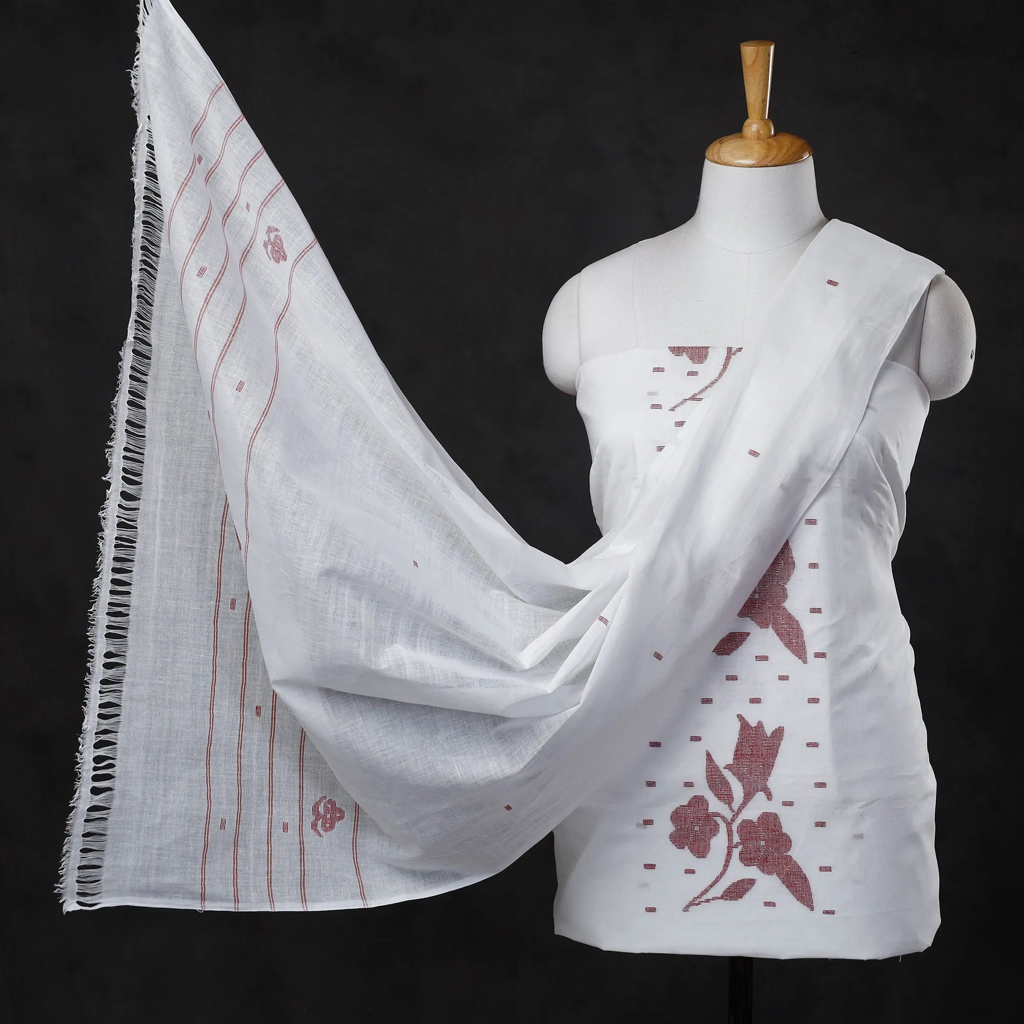 White - 3pc Manipuri Weave Handloom Cotton Suit Material Set