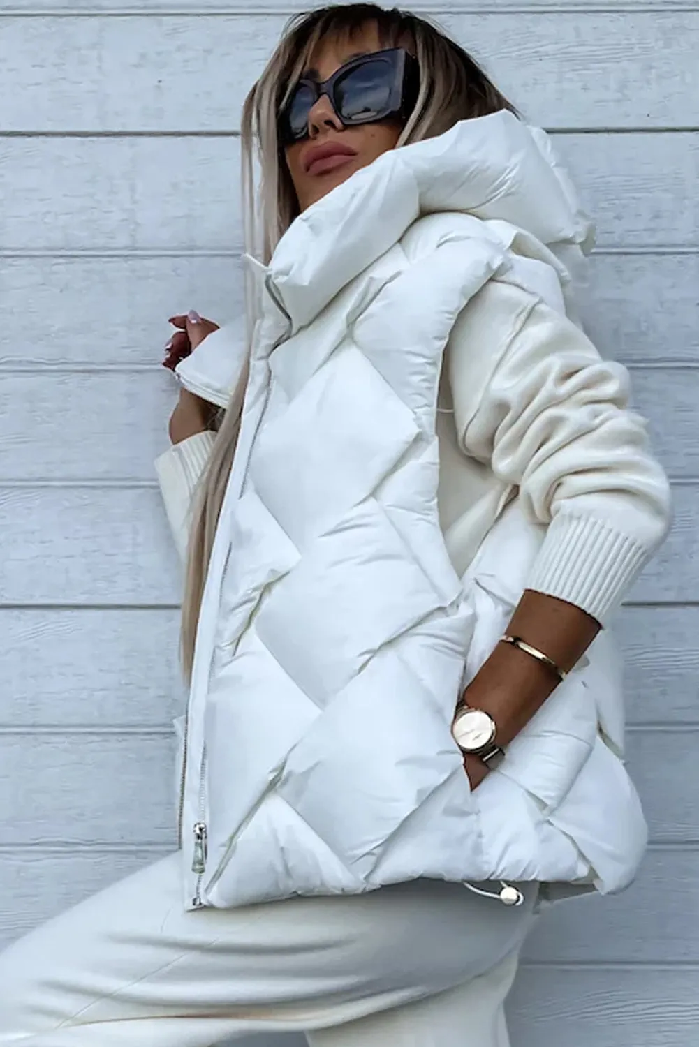 White Quilted Zipper Front Hooded Vest Coat