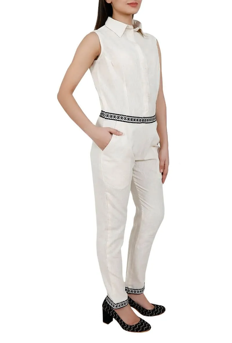 White Toda Embroidery Pure Cotton Jumpsuit