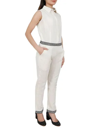 White Toda Embroidery Pure Cotton Jumpsuit