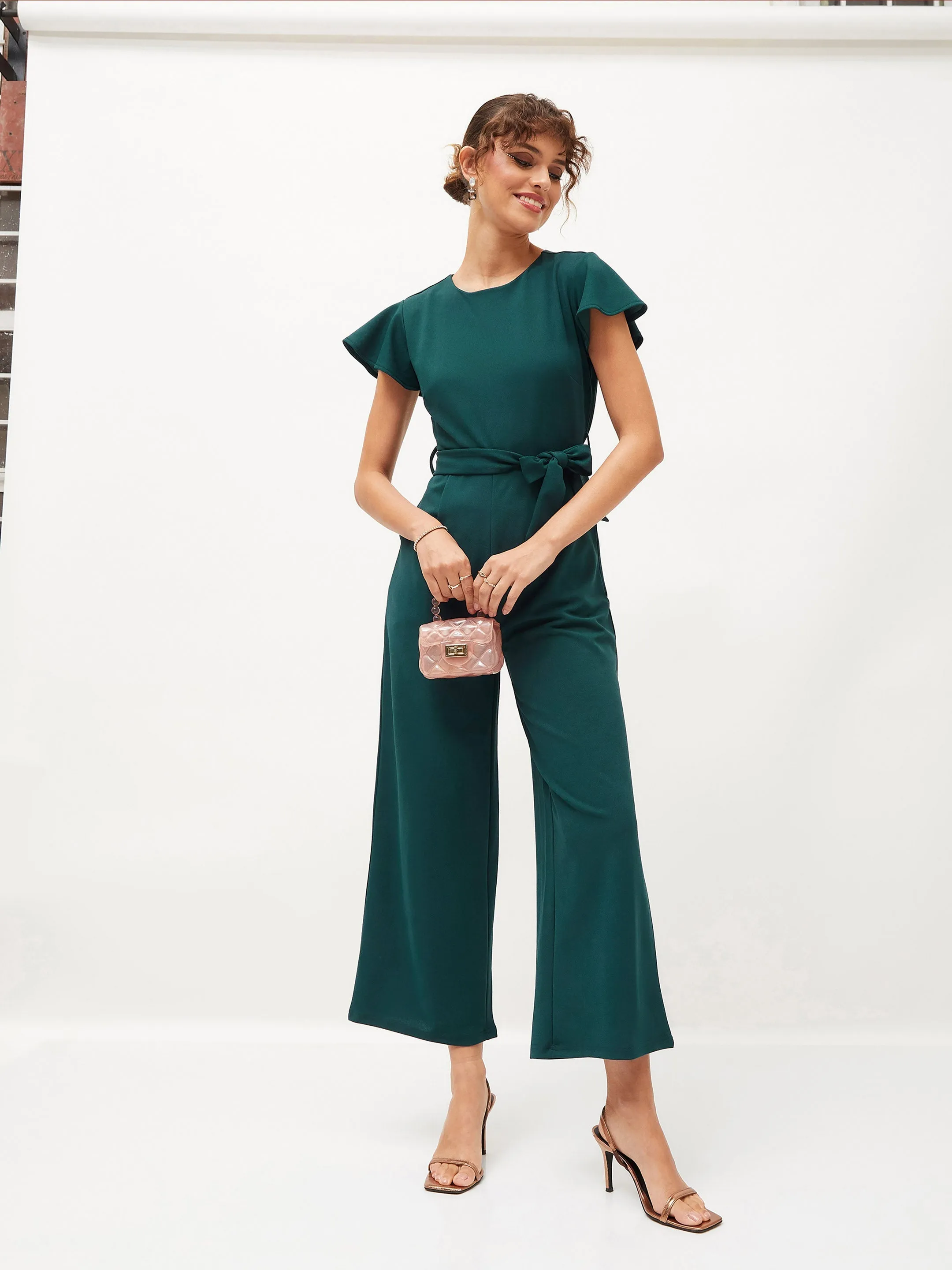 Women Emerald Cap Sleeves Belted Jumpsuit