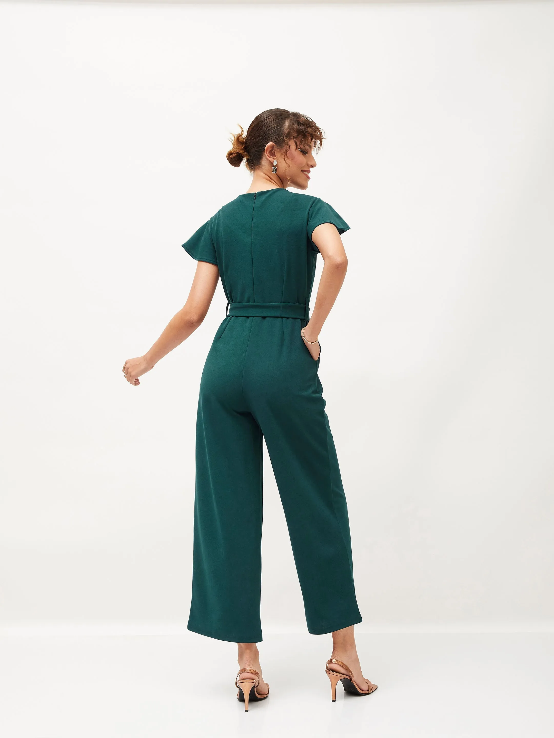 Women Emerald Cap Sleeves Belted Jumpsuit