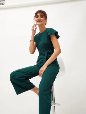 Women Emerald Cap Sleeves Belted Jumpsuit