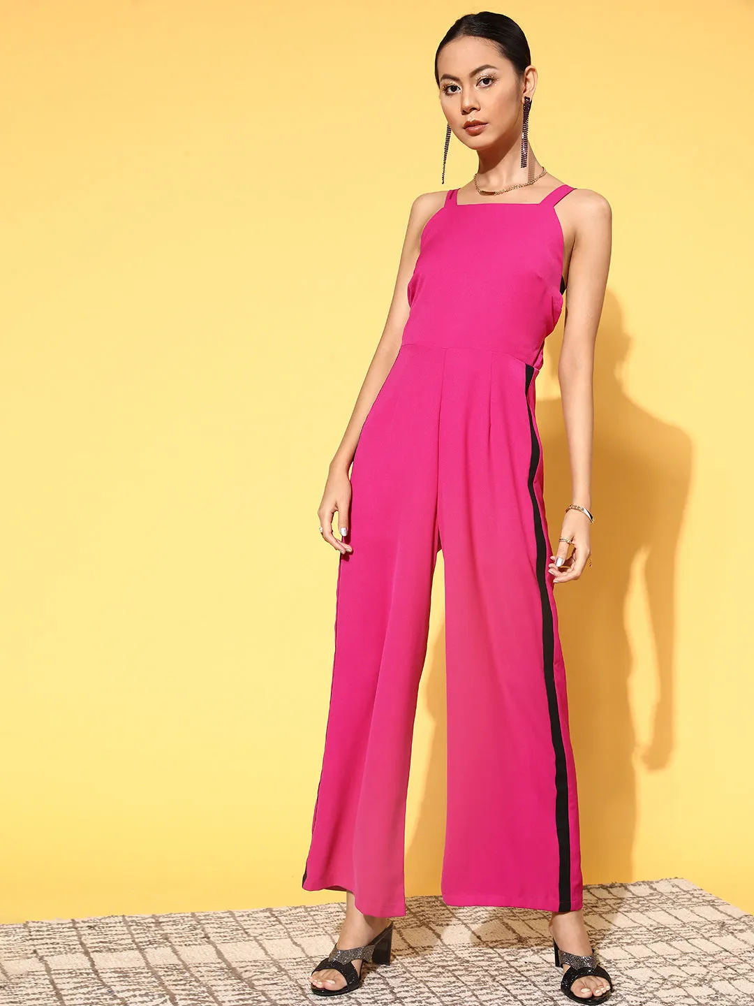 Women Fuchsia Strappy Side Tape Jumpsuit