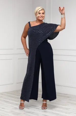 Women's Sequin Overlay Draped Shoulder Formal Jumpsuit - Mother of the Bride Jumpsuit