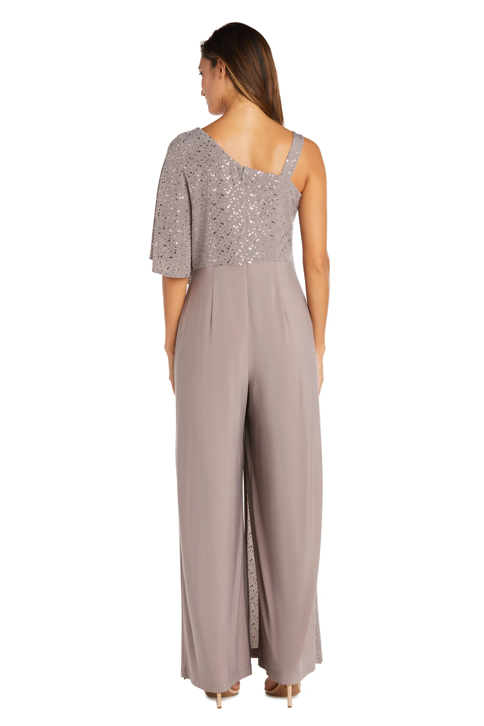 Women's Sequin Overlay Draped Shoulder Formal Jumpsuit - Mother of the Bride Jumpsuit