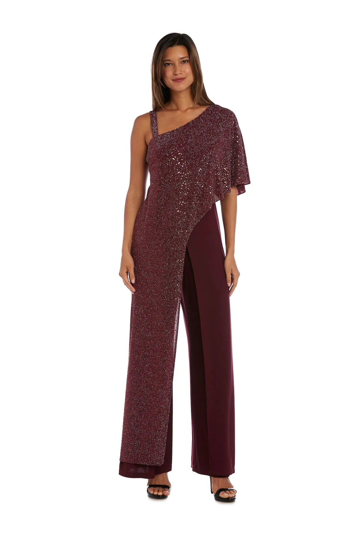 Women's Sequin Overlay Draped Shoulder Formal Jumpsuit - Mother of the Bride Jumpsuit