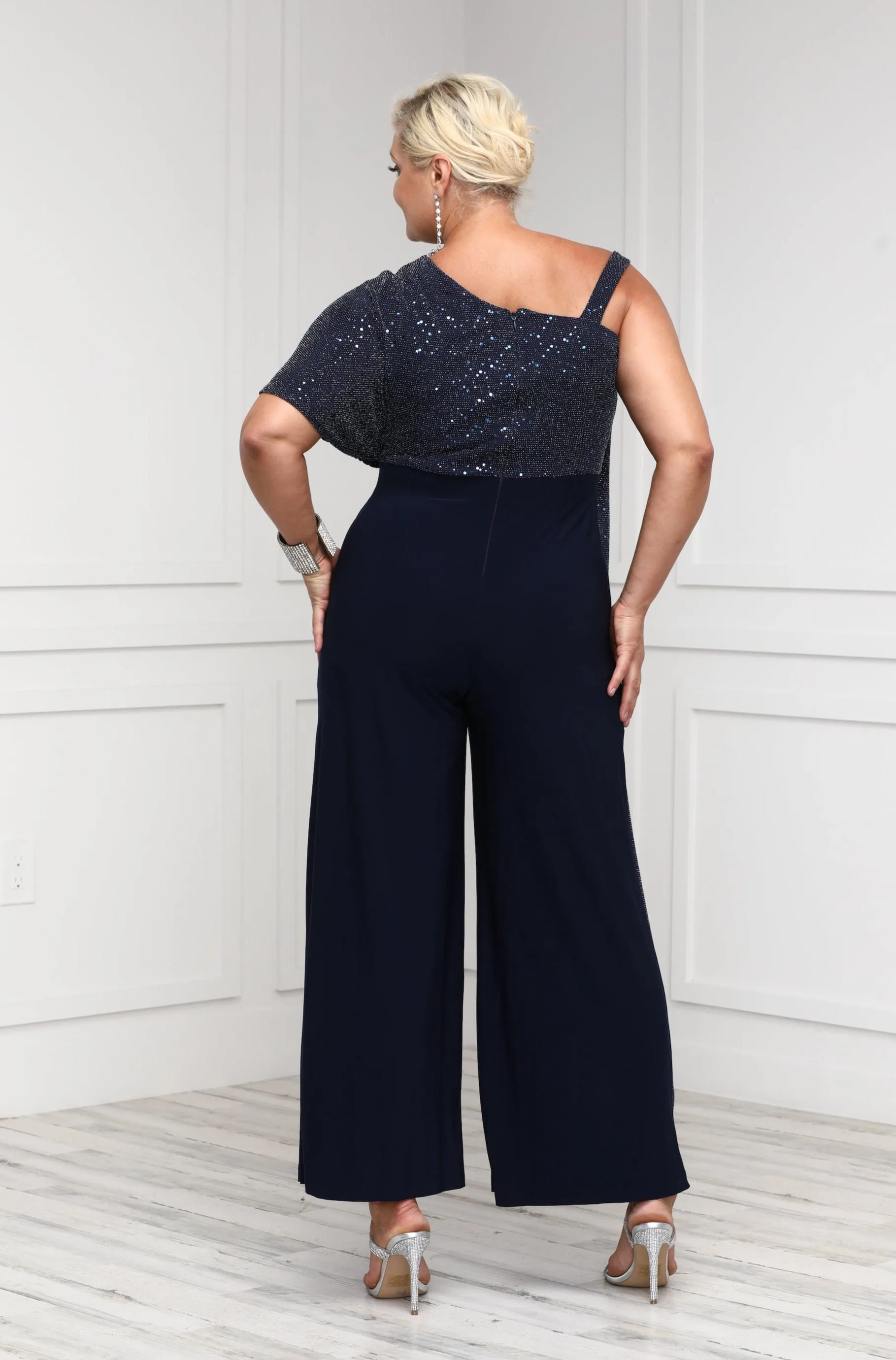 Women's Sequin Overlay Draped Shoulder Formal Jumpsuit - Mother of the Bride Jumpsuit