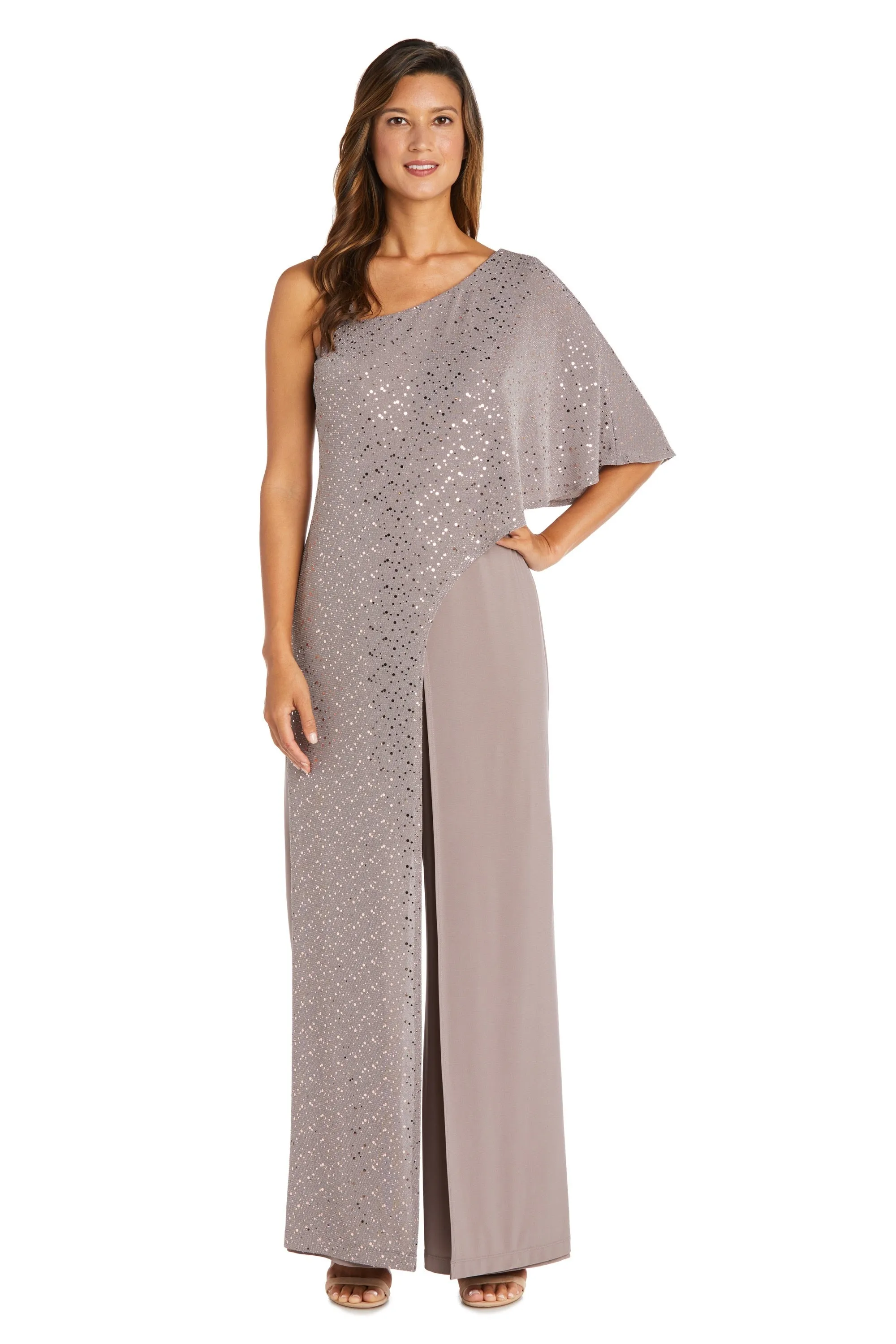 Women's Sequin Overlay Draped Shoulder Formal Jumpsuit - Mother of the Bride Jumpsuit