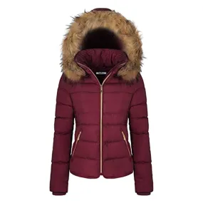 Women's Winter Quilted Puffer Coat Fleece Lined Warm Jacket with Removable Faux Fur Hood and Zipper