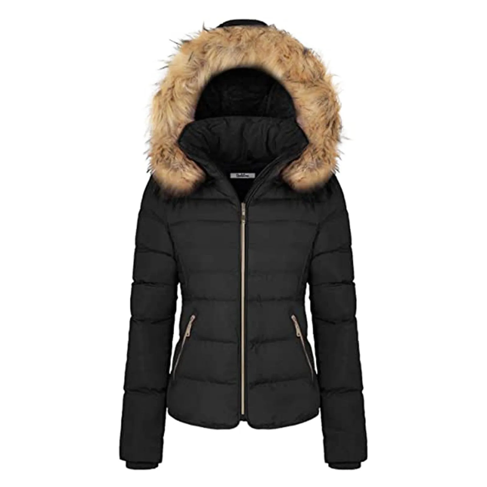 Women's Winter Quilted Puffer Coat Fleece Lined Warm Jacket with Removable Faux Fur Hood and Zipper