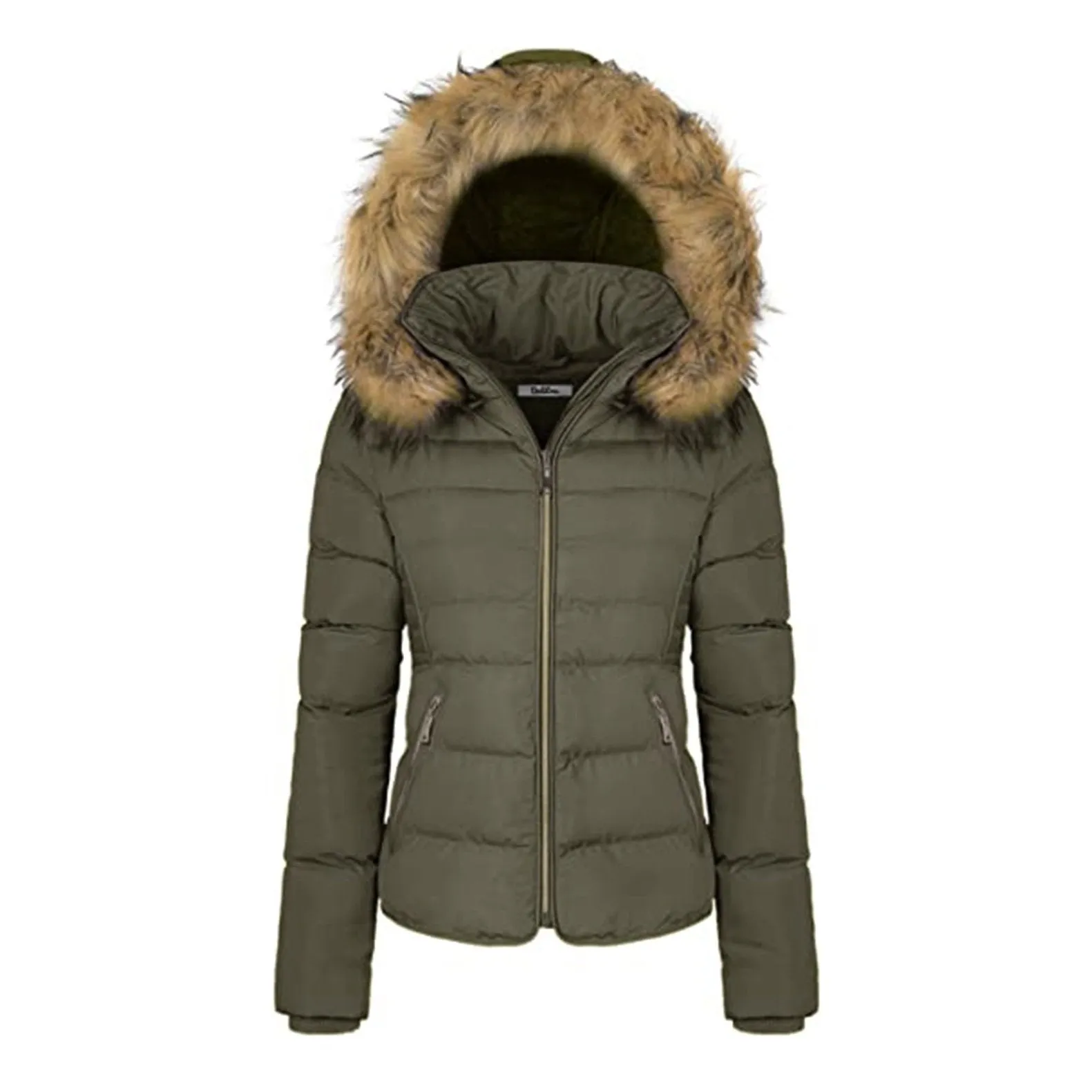 Women's Winter Quilted Puffer Coat Fleece Lined Warm Jacket with Removable Faux Fur Hood and Zipper