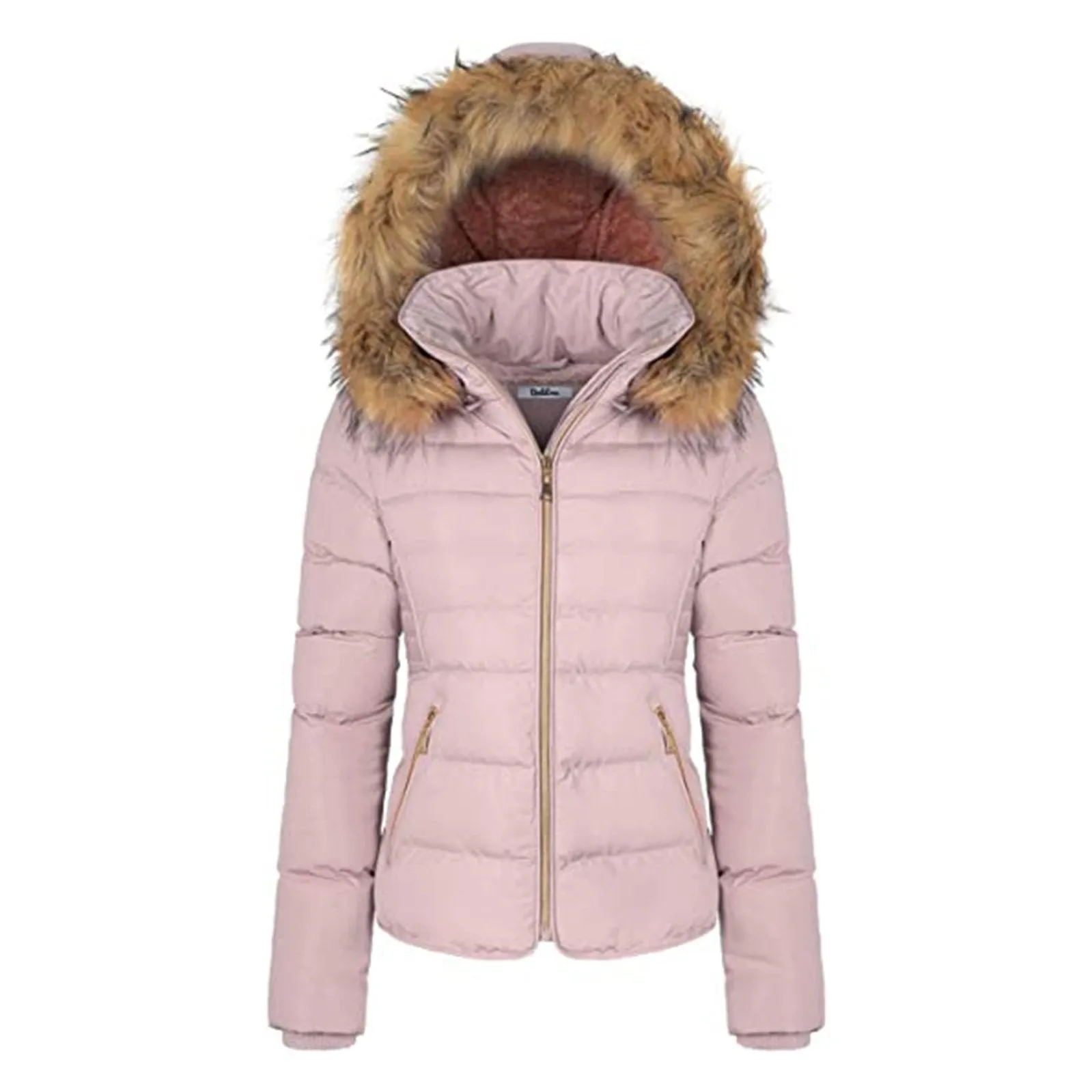 Women's Winter Quilted Puffer Coat Fleece Lined Warm Jacket with Removable Faux Fur Hood and Zipper