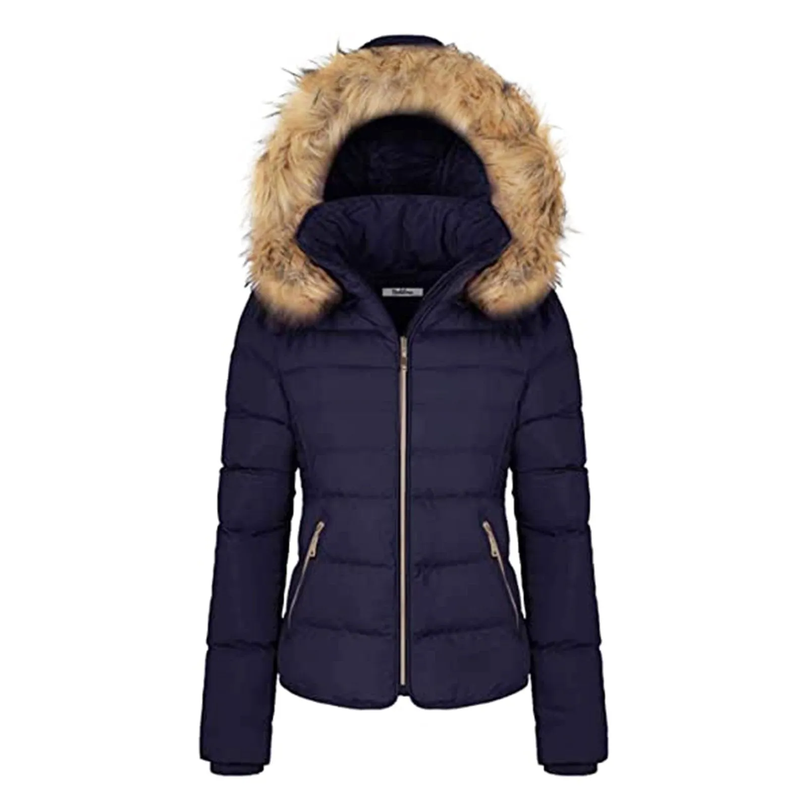 Women's Winter Quilted Puffer Coat Fleece Lined Warm Jacket with Removable Faux Fur Hood and Zipper